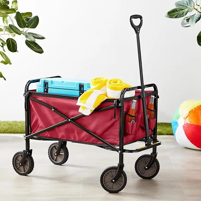 THCW10197 - Basics Collapsible Folding Wagon, Heavy Duty, Utility Wagon for Sports, Camping, Garden, and Shopping, Red
