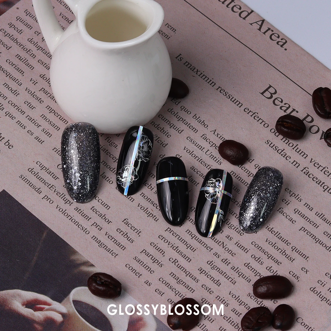 Ботаническая голограмма GLOSSYBLOSSOM мигающая декоративная наклейка для ногтей черный фон рамка Бабочка змея цветок луна обогащение