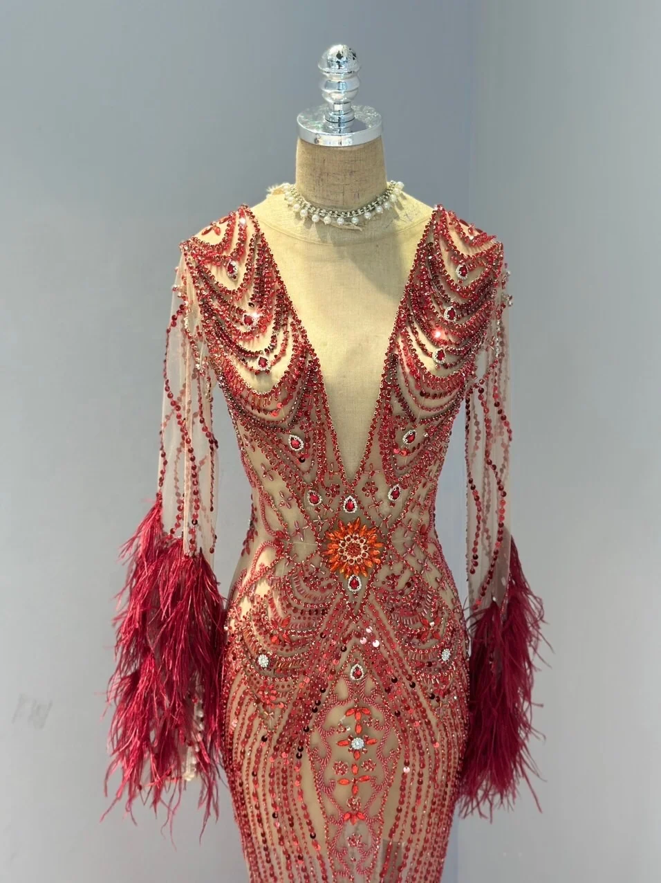 OEM Manufacture High Quality Evening dress mermaid design flower lace  add beading by handmade red colour TNBPno65