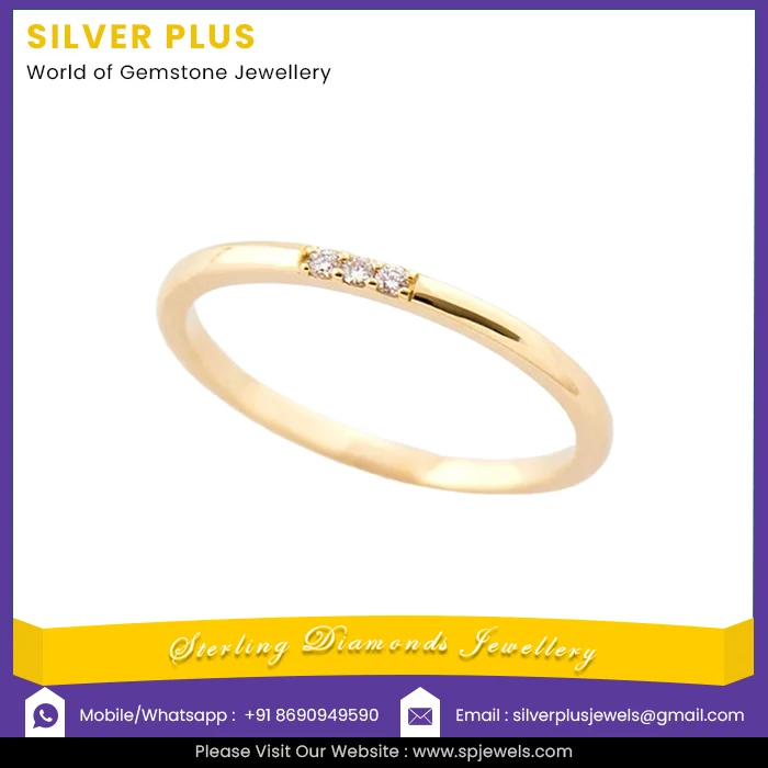 Trendy Designs Solid 14K Yellow Gold Genuine Three Stone Diamond Delicate Engagement Ring