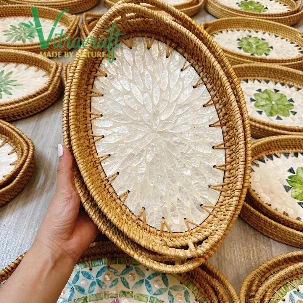 SET of 2 OVAL-SHAPED mother-of-pearl inlaid tray, Oval tray with exquisite hand-crafted handle Unique gift for loved ones