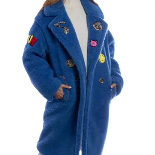 Пальто для женщин с плюшевым мишкой из итальянского высшего поставщика двубортное пальто подкладкой полиэстера и узором