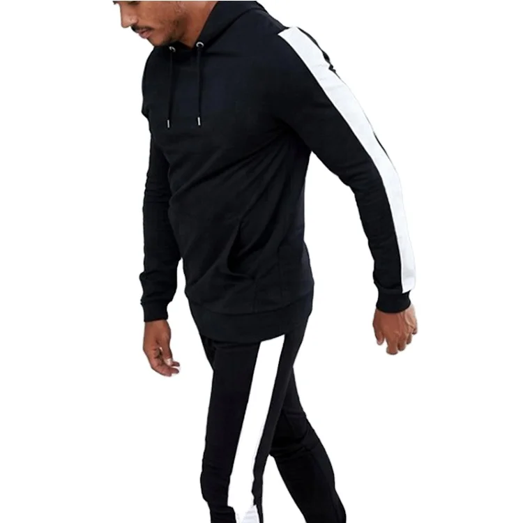 Design Your Own Two Piece Track Suit Men Fitted Black With Side White Stripe Tracksuit with high quality fabric and custom color