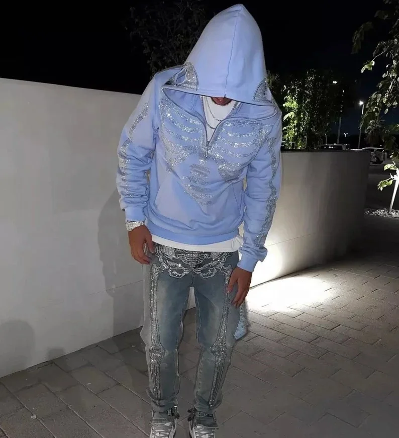 Custom street wear y2k skeleton hoodie half zipper bone skulls hoodie full face zip up rhinestone hoodie men