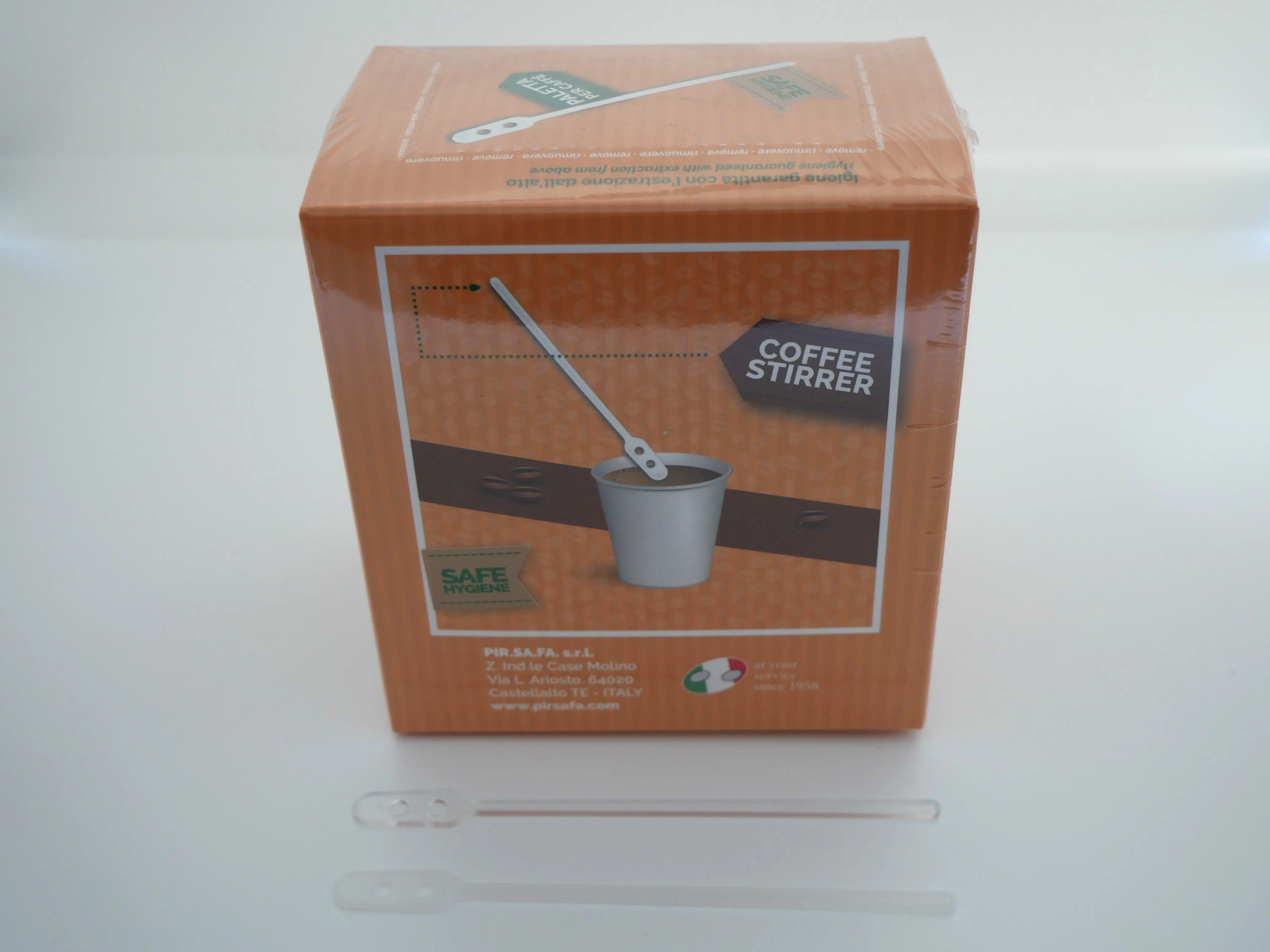Bio premium quality italian coffee stirrers iconic shape recyclable plastic in hygienic box for hot cold drinks tea mm 110