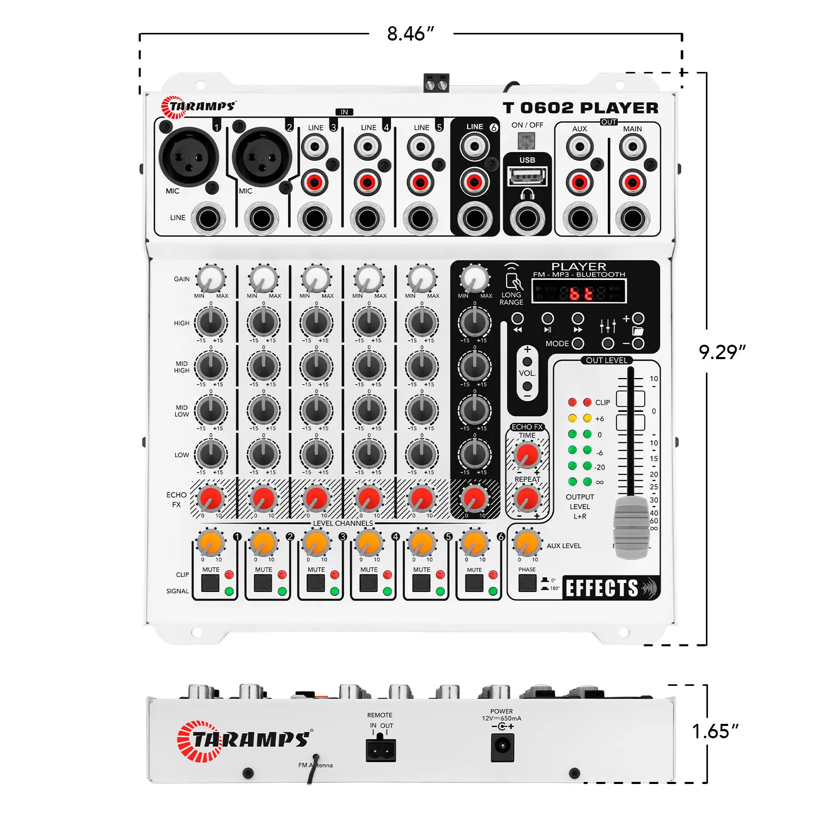 Taramps Audio Mixer T0602 Player 6 Input Channel 2 Output  Remote Control USB FM MP3 DJ Mixer Bluetooth Equalizer Effect Echo FX