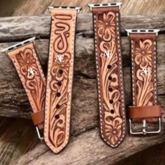 New Arrival Handmade Genuine Leather Custom Design Western Floral Tooled Painted Watch Band Boho Western Replacement Watch Strap