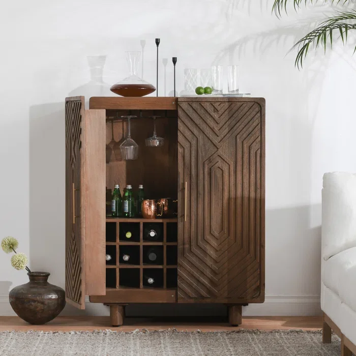 Modern Luxury Design Style 36 inch Length Solid Wooden Bar Cabinet with Shelves and Wine Rack for Home Hotel Bar and Restaurant