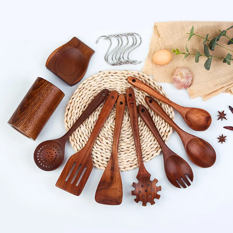 High quality Natural Teak Acacia Kitchen Accessories Cooking Tools Wooden Kitchen Utensils Cookware Wood Utensil Set