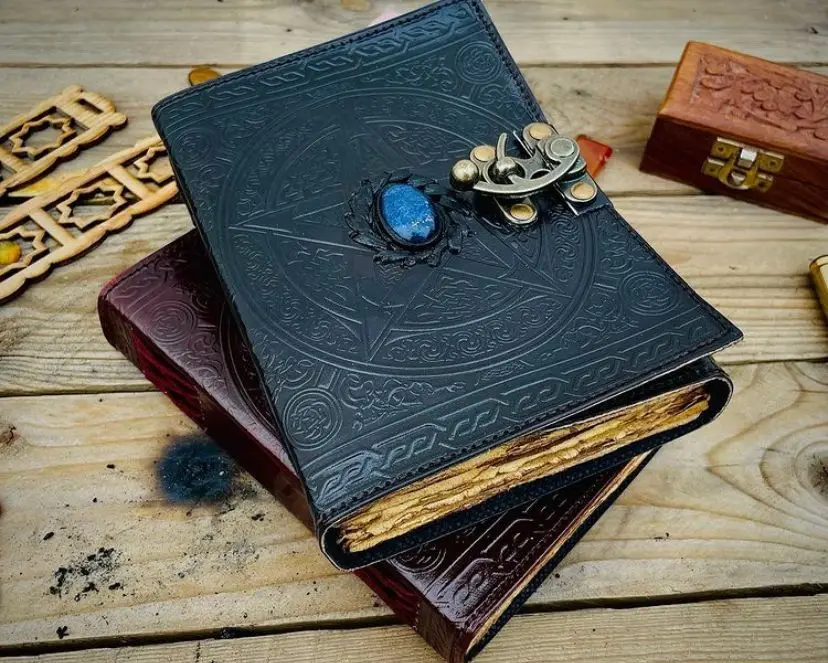 Vintage Leather A5 Journal 18 x 13 cm Dark Brown with Original Lapis Lazuli Stone & Antique Lock Paper Cover for Men & Women