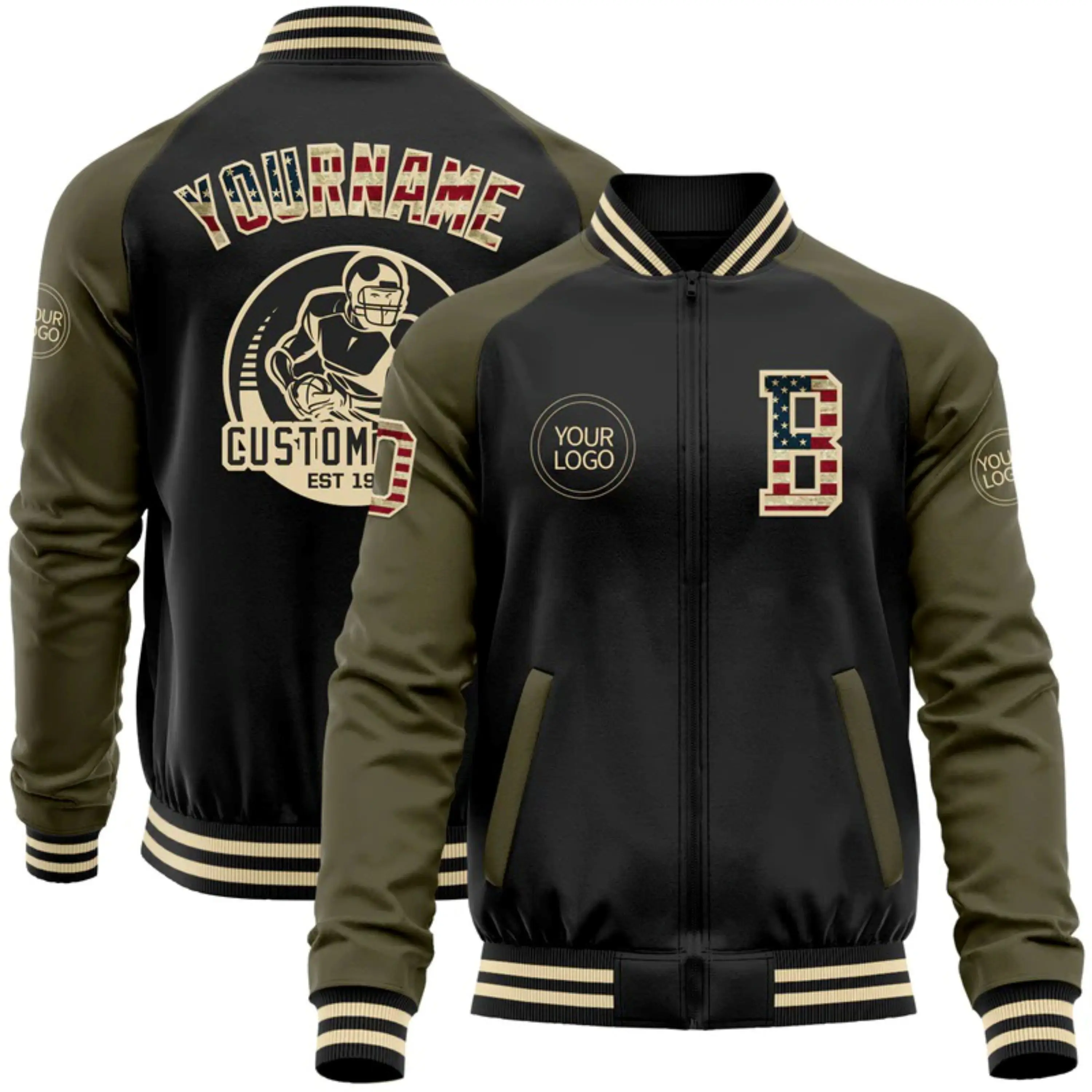 OEM Custom Manufacturing Whole Black Vintage USA Flag Olive-Cream Bomber Varsity Letterman Two Tone Zipper Jacket