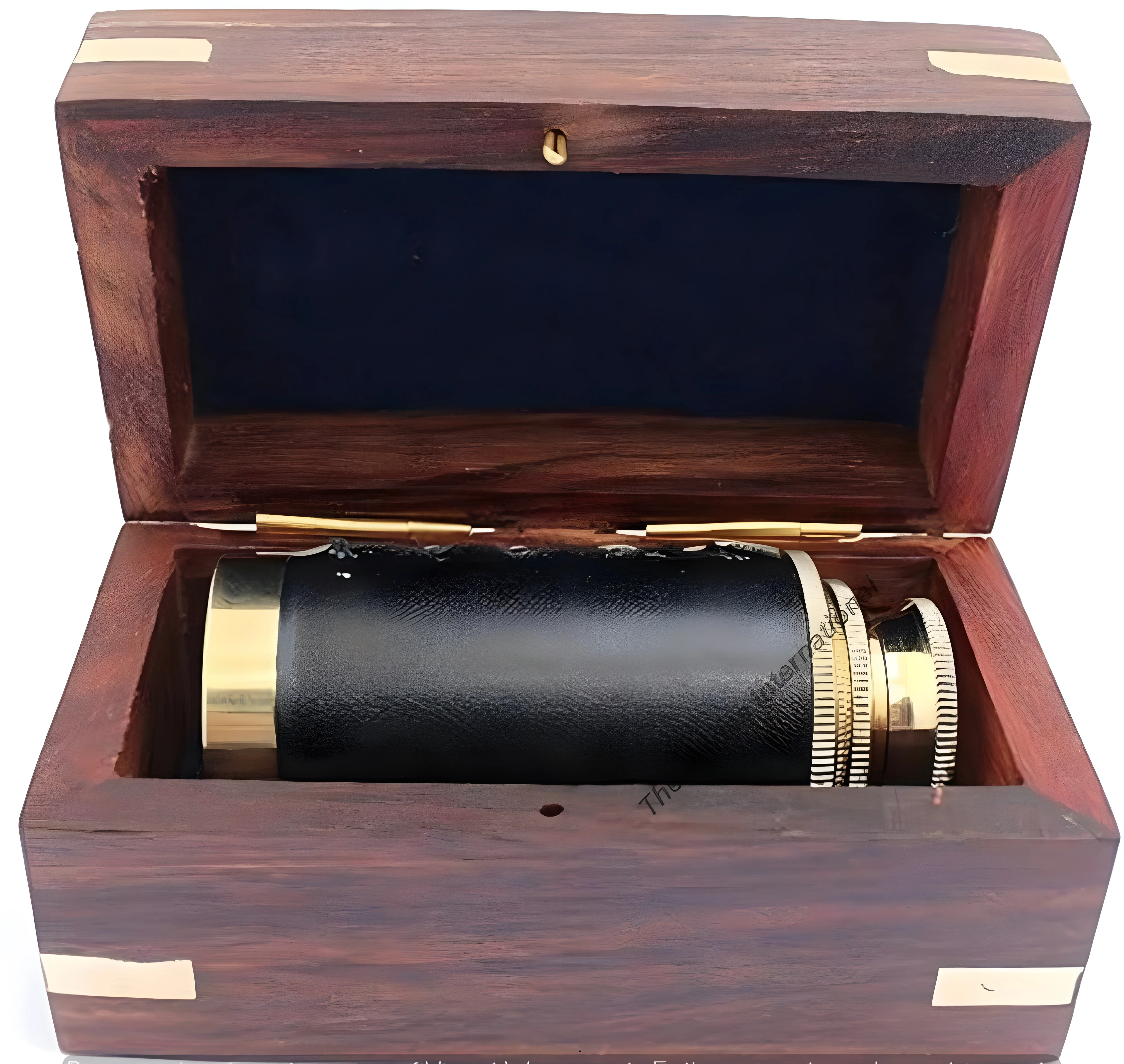 Stylish Handheld Shiny Brass Black Leather Cover Telescope with Wood Box Pirate Navigation Collectible