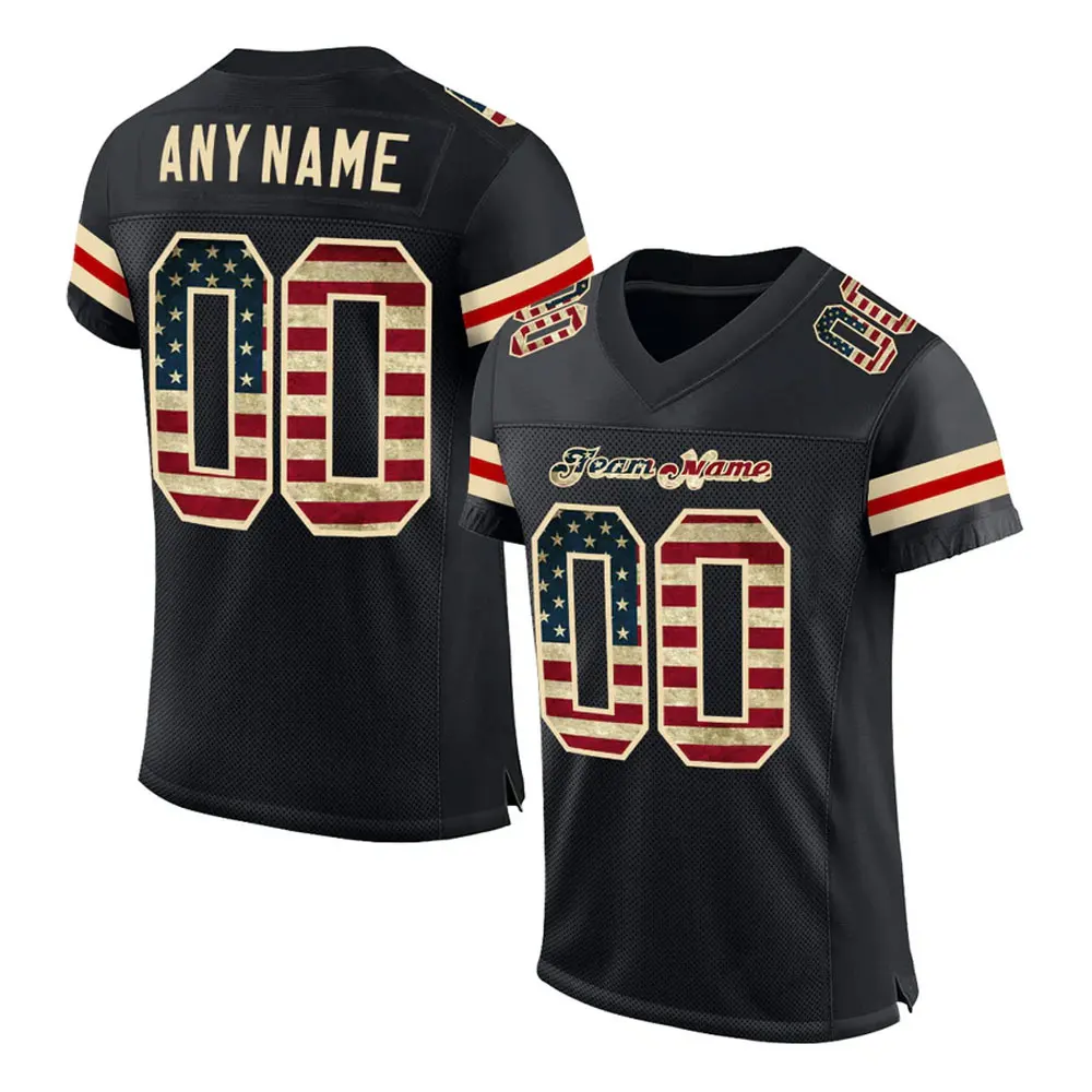 Vintage Style Custom Black USA Flag Cr-eam Mesh Authentic Football Jersey American Football Wear Sublimation Printing