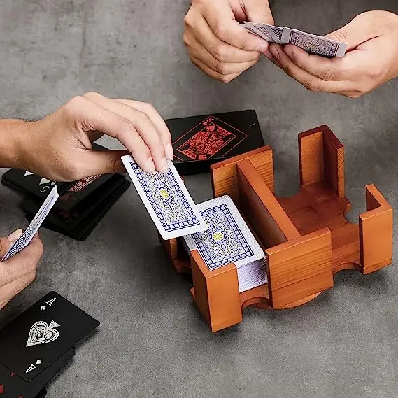 Wooden Canasta Card Holder 6 Deck Rotating Card Tray Playing Card Holder 360 Degree Swivel Wood Poker Dual Deck Tray for Adult