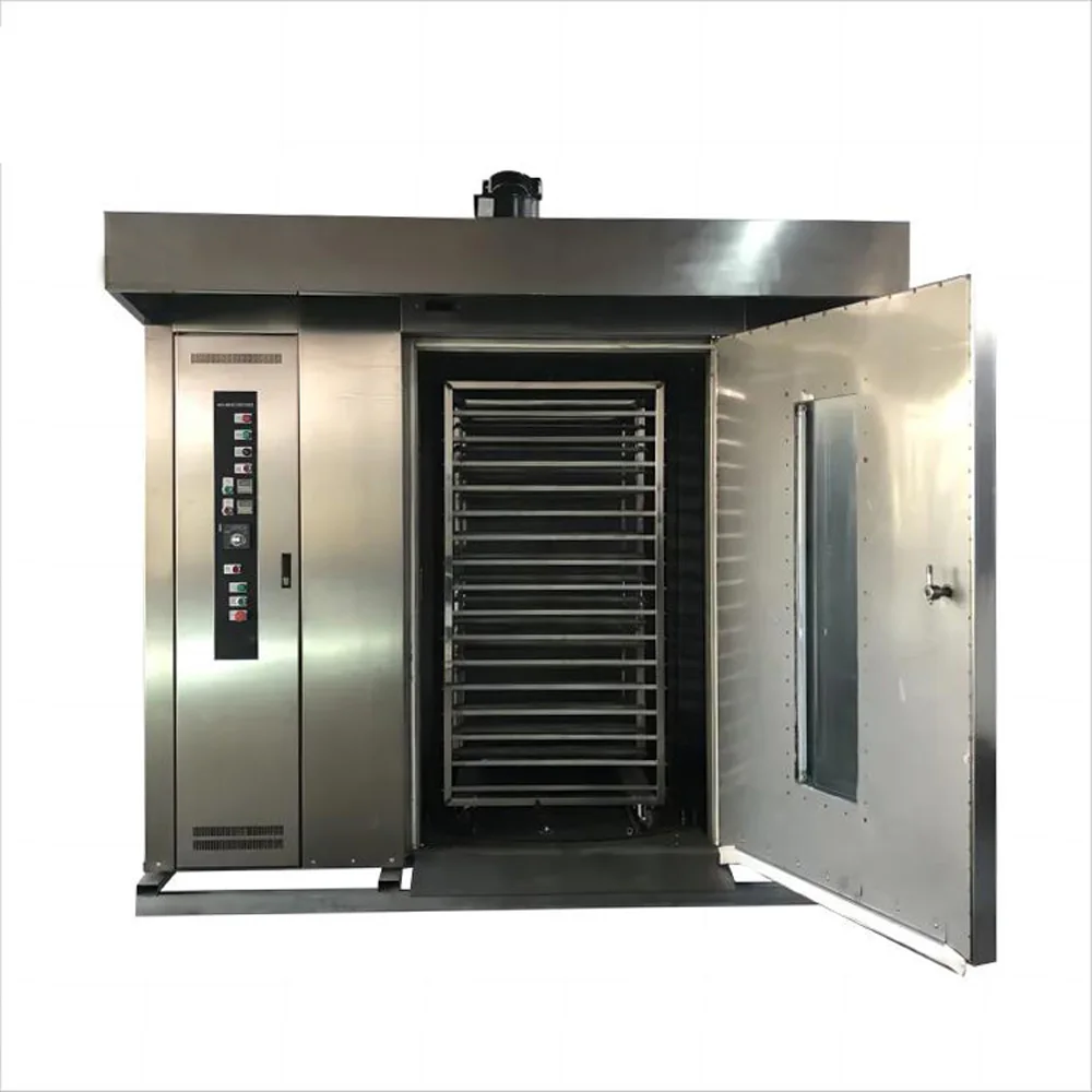 China Manufacturer Baking Equipment Stainless Steel Hot air Circle Rotary Rack Oven with Capacity 16 Trays, 32 Trays, 64 Trays