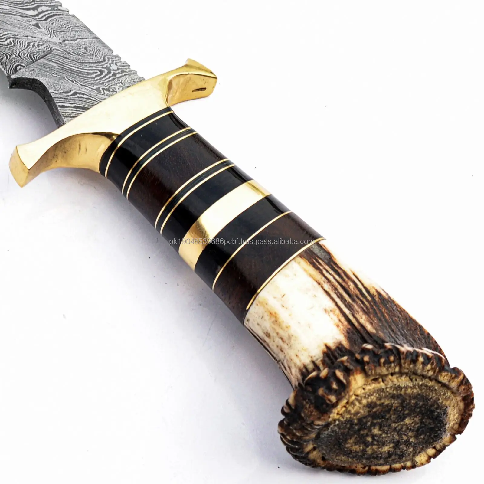 Real Damascus Steel Heavy Duty Hunting Survival Knife Deer Antler Crown Handle Outdoor Tactical Camping Knife OEM Customizable