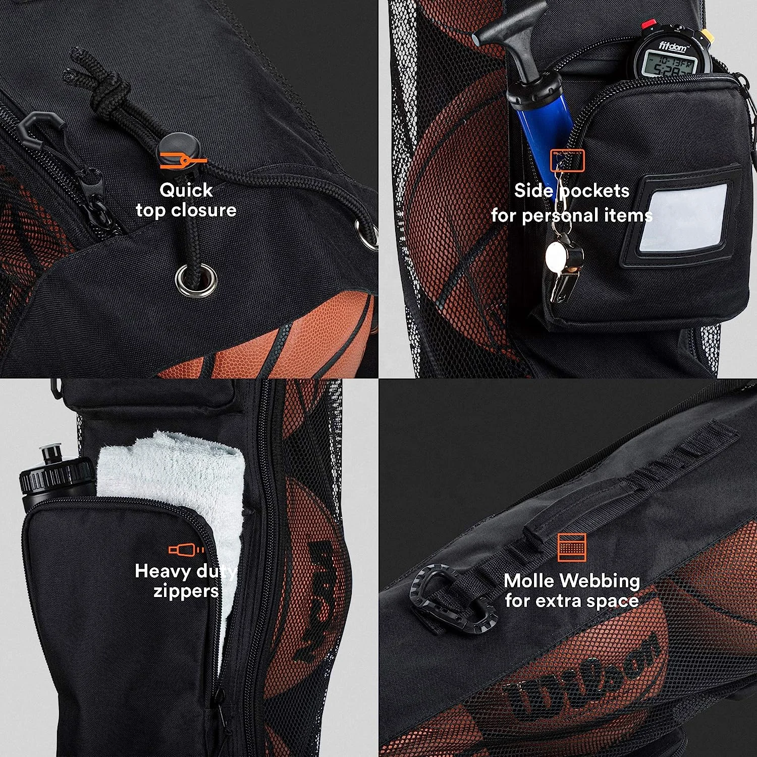 Heavy Duty Basketball Mesh Equipment Ball Bag with Shoulder Strap with Front Pockets for Coaching Sport Accessories