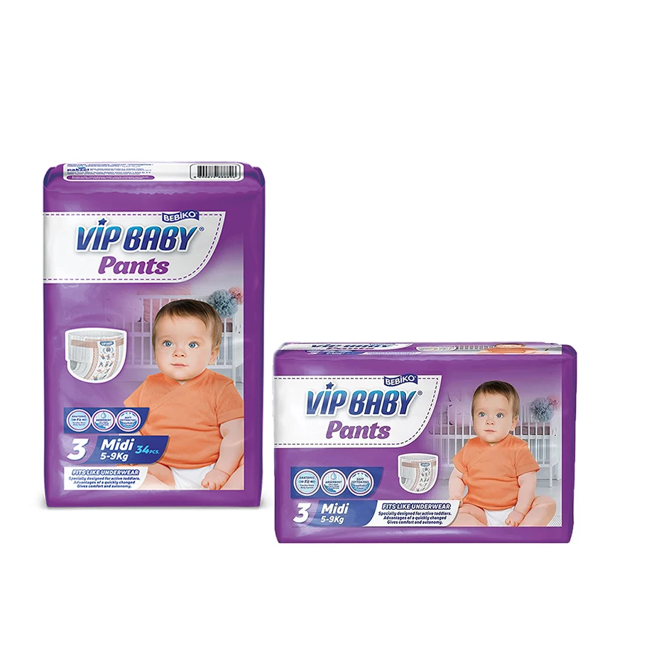 Bulk Supplier Organic 5 To 9 kg 34 PCS VIP Baby Pants Diaper Super Absorbing Midi Baby Diaper at Good Price