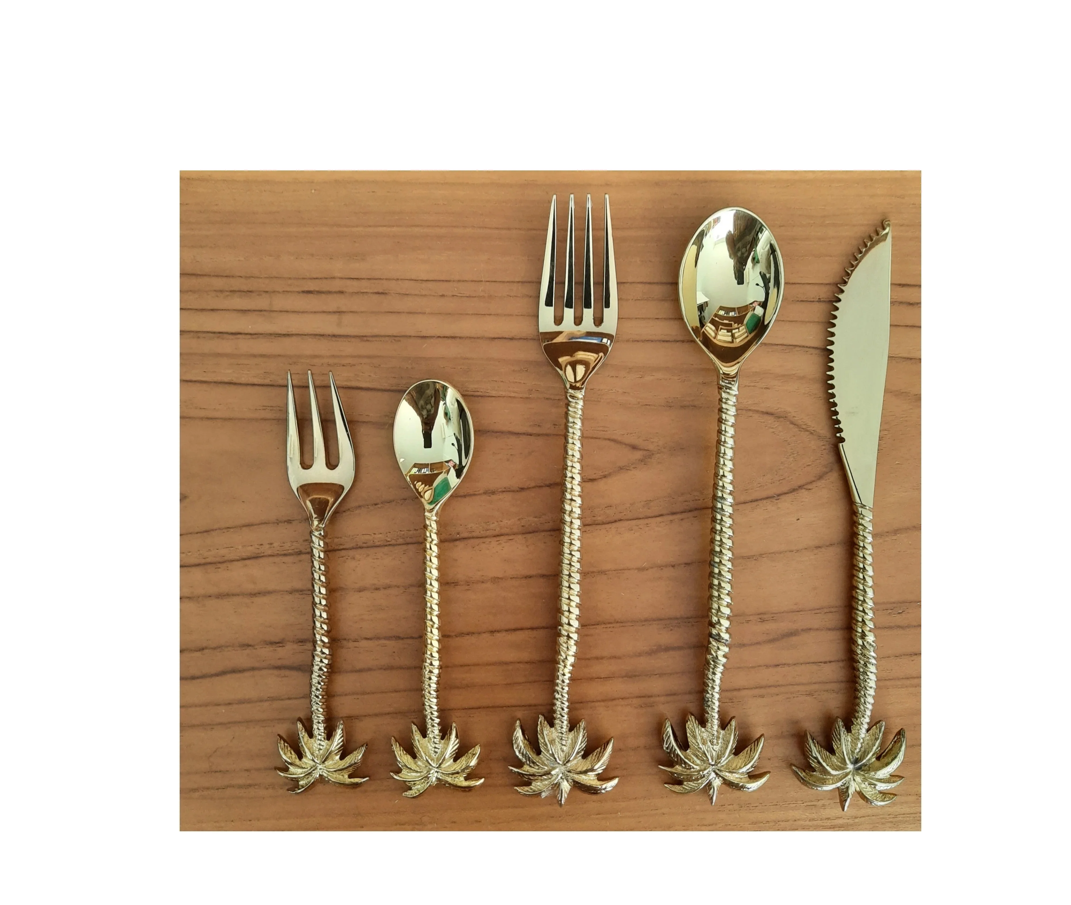 Brass Palm Tree Handle Stainless Steel Cutlery Set With Gold Plated Metal Flatware And Tableware Use Flatware Sets