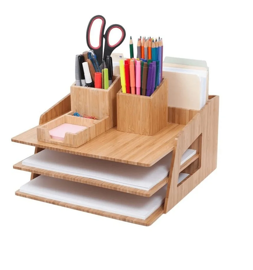 Natural Pine Wood File Holder 3 Tier Desktop Supplies Organizer Office Workspace Document Storage Rack At Wholesale Price
