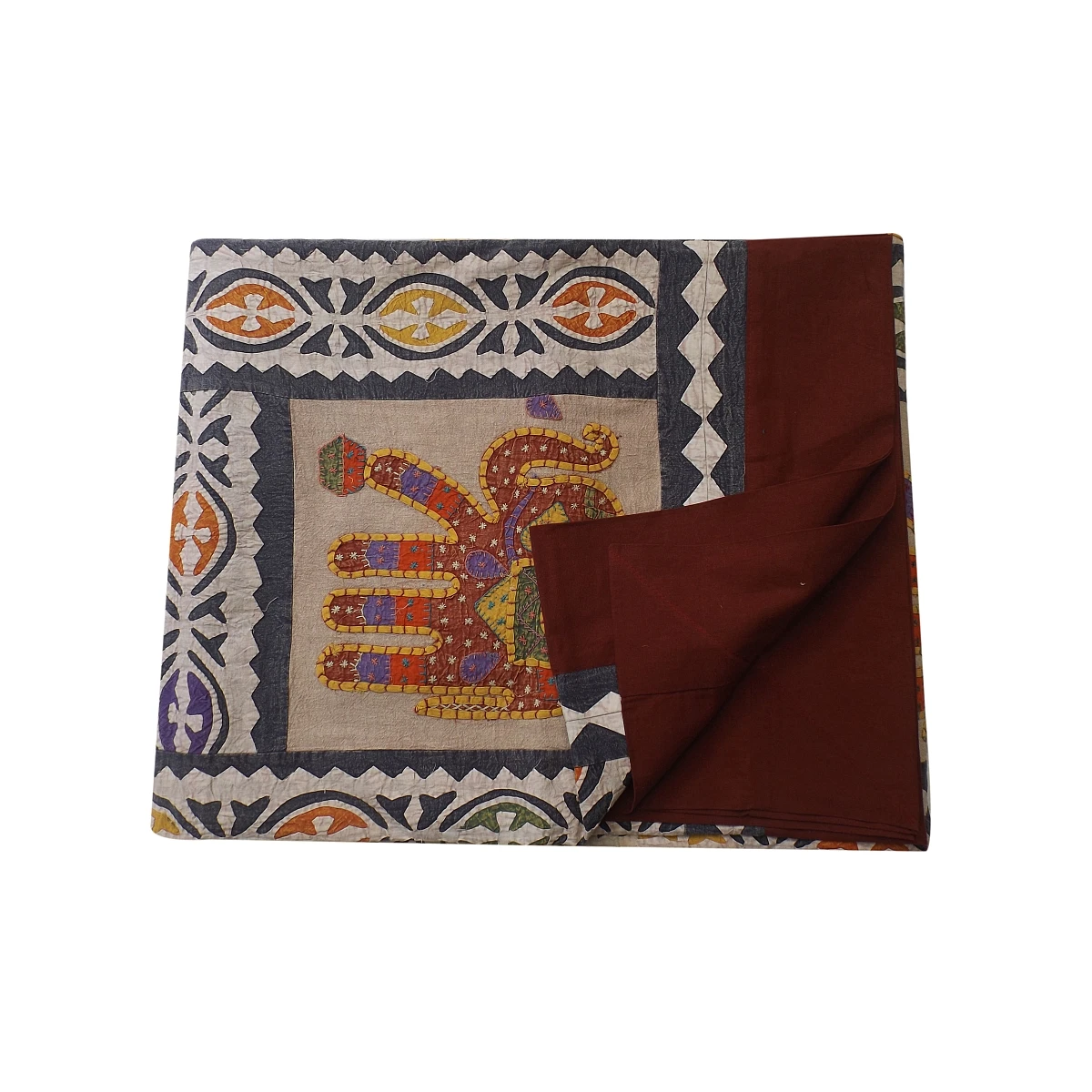 elephant design embroidery Indian manufacturing traditional evergreen vintage applique work bedspread, handmade collection