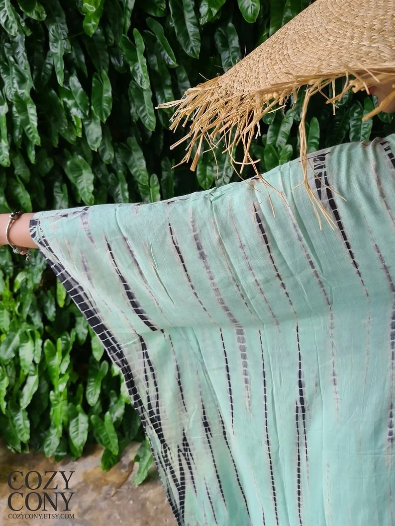 Indian Tie And Dye Hand Printed Sexy Sling Full Sleeves Woman Kaftan Butterfly Style Beachwear Bikini Cover Up Dress For Summer