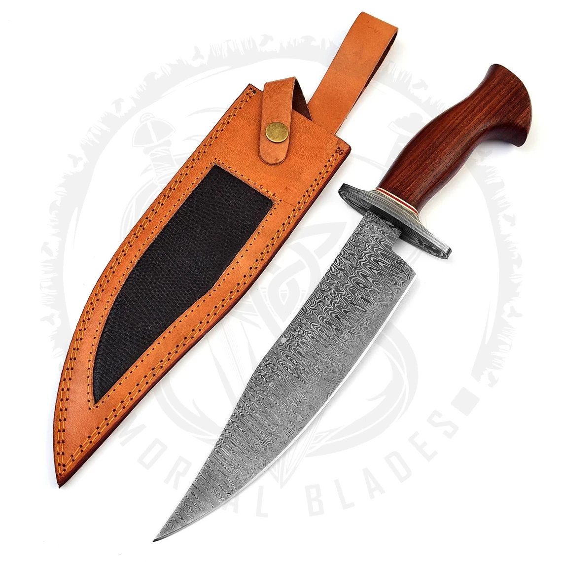 Custom Handmade Damascus Steel Hunting Bowie Knife With Comfortable Grip Rose Wood Handle Hunting Bowie Knife