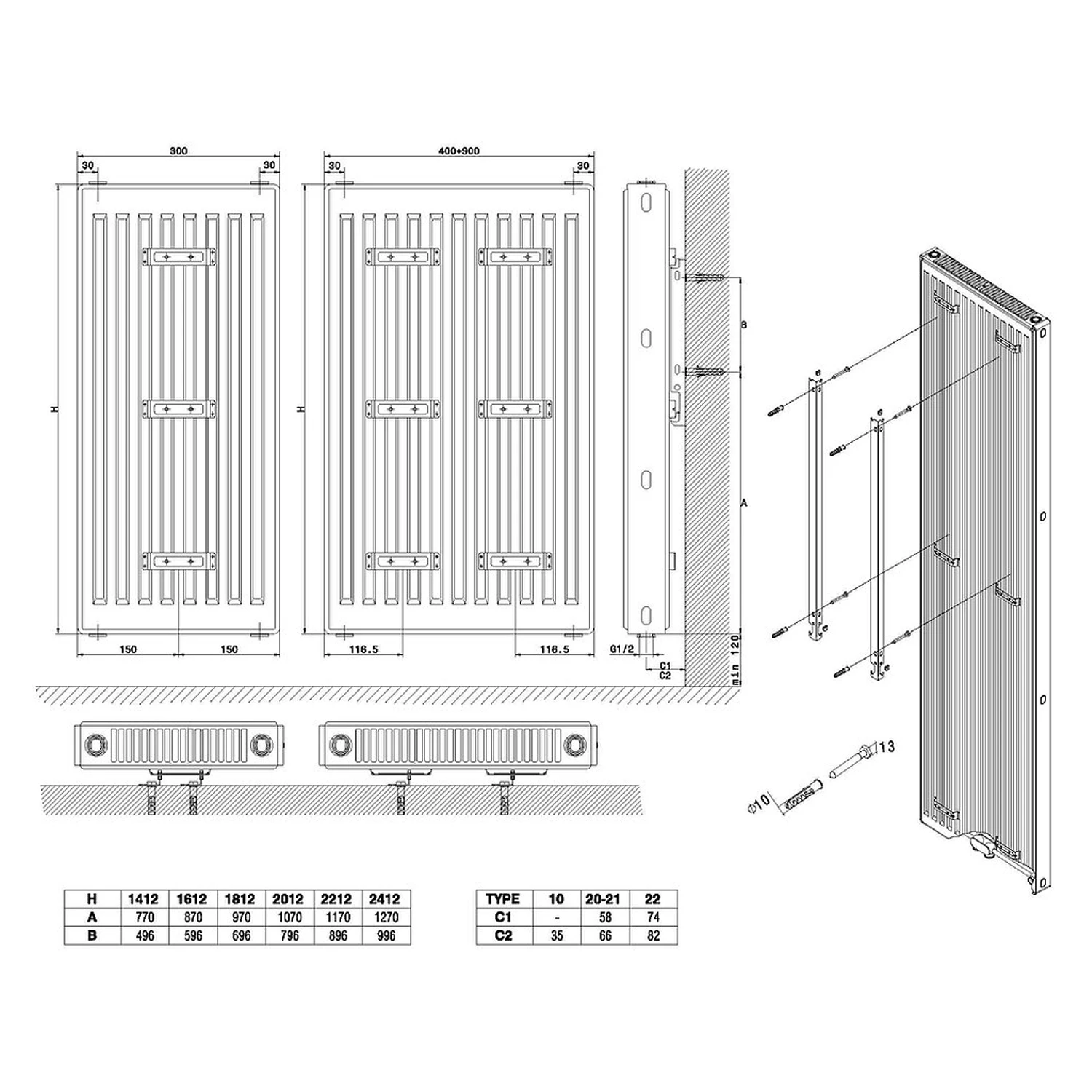 Made in Italy house furniture hydraulic radiator 140x70 cm center distance 50 mm Model Almost Black