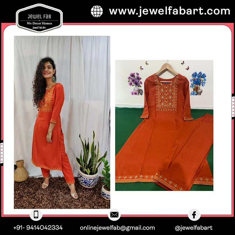 Latest Fashion Embroidered Cotton Kurta And Pant Set For Office Wear At Reasonable Price