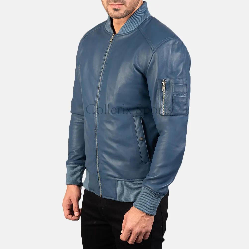 Best Wholesale Price Custom Blue Leather Jacket High Casual Winter Style Zipper Closure Stand Collar Small Pocket Left Arm Solid