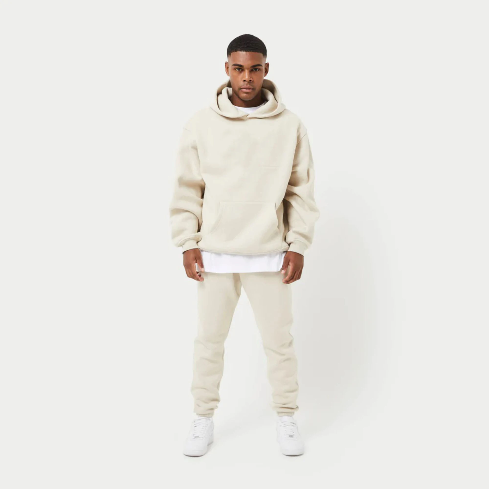 80% Cotton 20% Polyester Dropped Shoulders Pullover Style Cross Over Neckline Ribbed Hem and Cuffs Oatmeal Oversized Hoodie