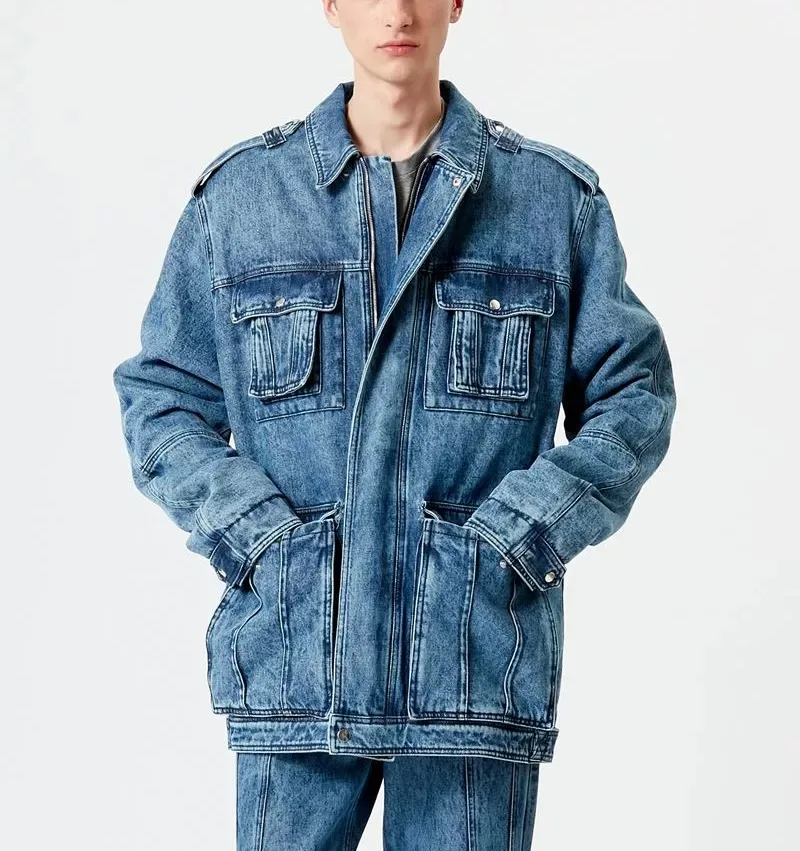 Custom light blue 100% cotton denim washed fleece lining winter jeans jackets men wholesale multi pocket front zip-up coat