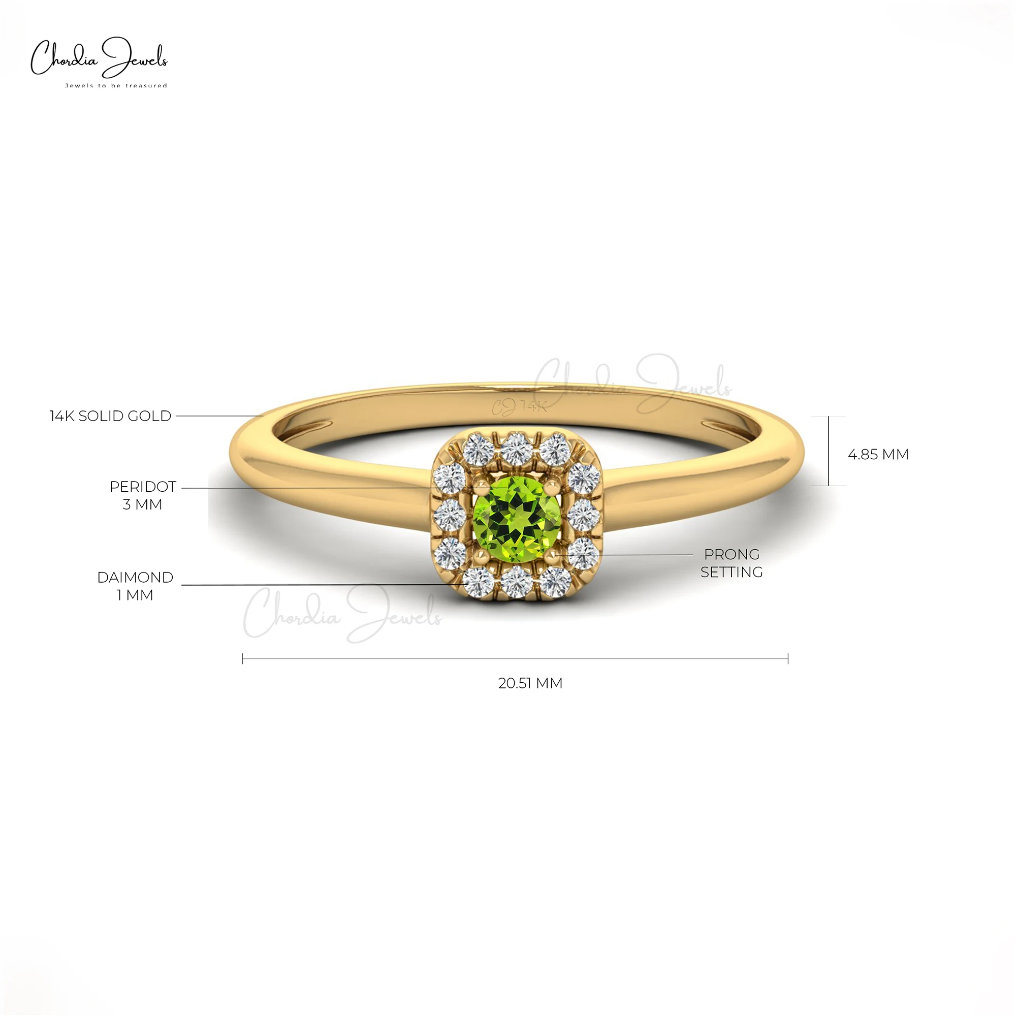 Hot Selling 14k Solid Gold Halo Ring Green Peridot 3mm August Birthstone Ring Small Diamond Prong Set Ring Free Delivery Items
