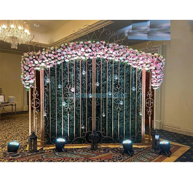 Golden Metal Floral Gate Frame Decoration Wrought Iron Gate Frame For Wedding Decoration Wholesale Wedding  Metal Gate Decor