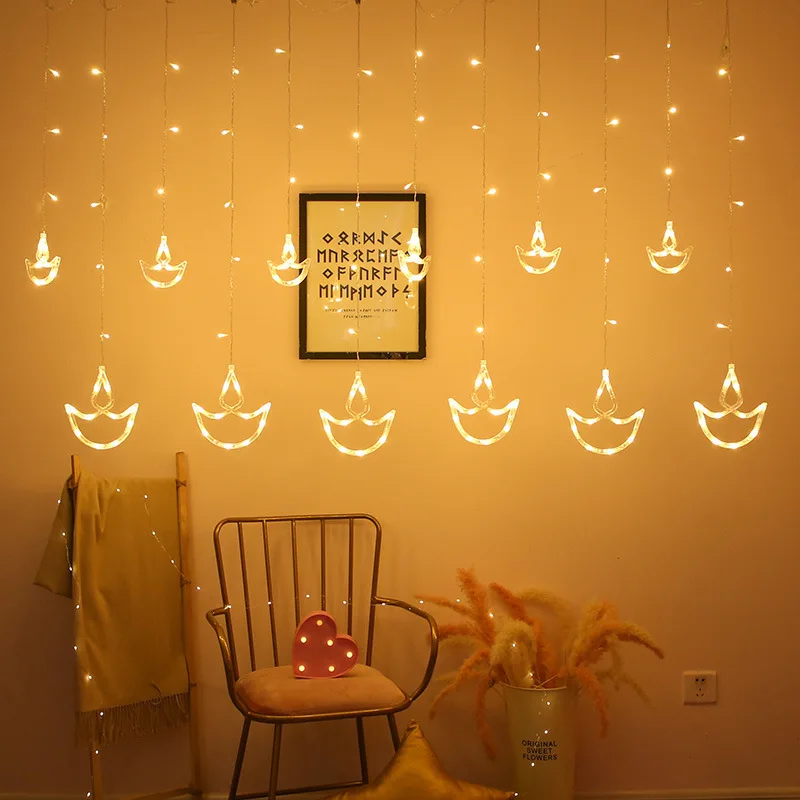 diwali decoration Yellow Rice Led curtain Lights for India Divas Diya Ramadan Muslim Eid Boat String Lights