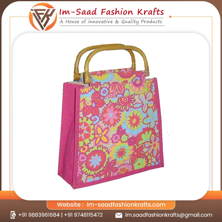 Solid Pink Color With Floral Printed Design Buy Cheap Price High Quality Jute Shopping Bag For Women