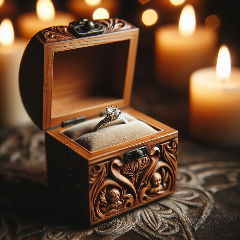 Celestial Harmony Handcrafted Wooden Wedding Ring Box with Personalized Engraving and Luxurious Velvet Lining
