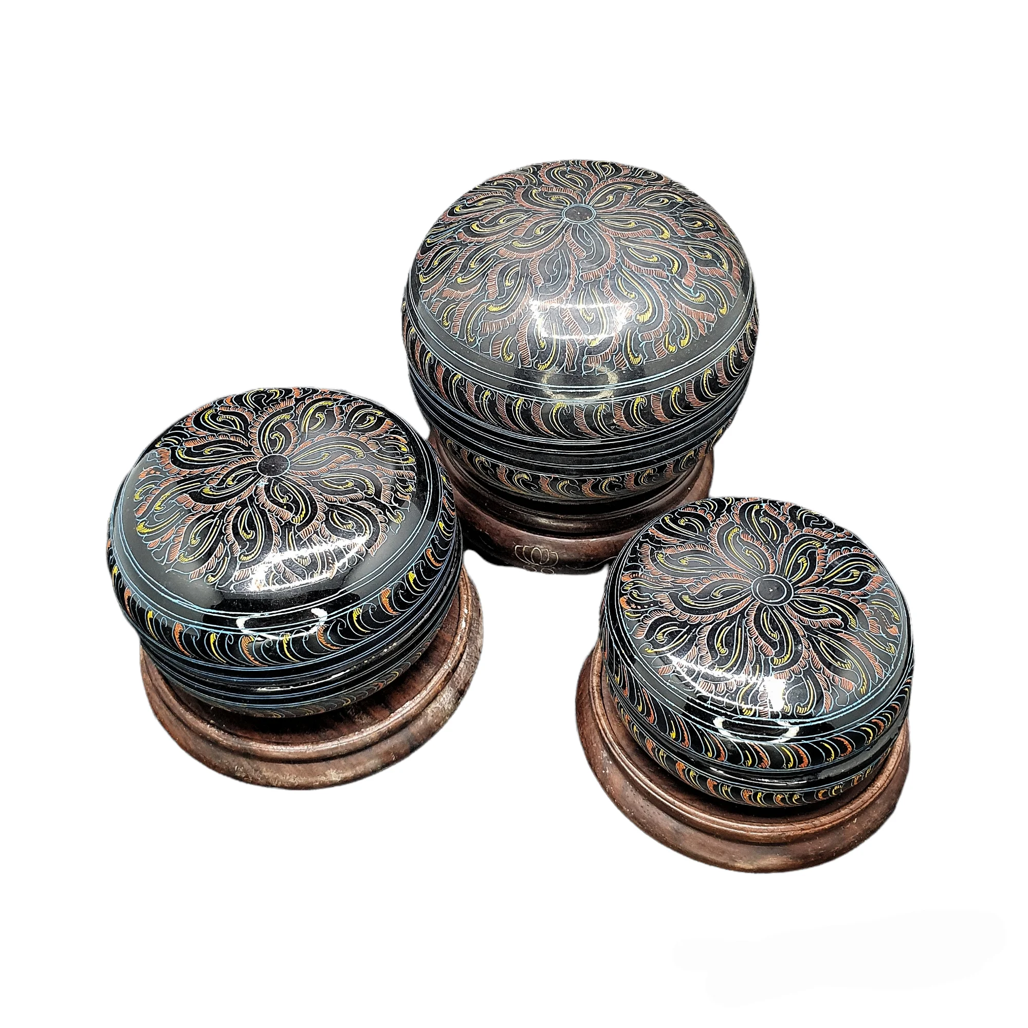 Antique Group Of Myanmar Lacquer Ware Receptacle for betel Round Shape Decorated With Floral Design For Collect Home Decor