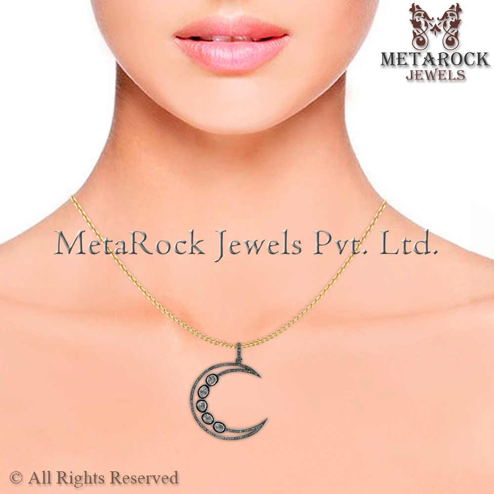 Brown Diamond Oxidized 925 Silver Designer Crescent Moon Pendant Chain Necklace Handmade Polki Pendant Jewelry  Wholesale