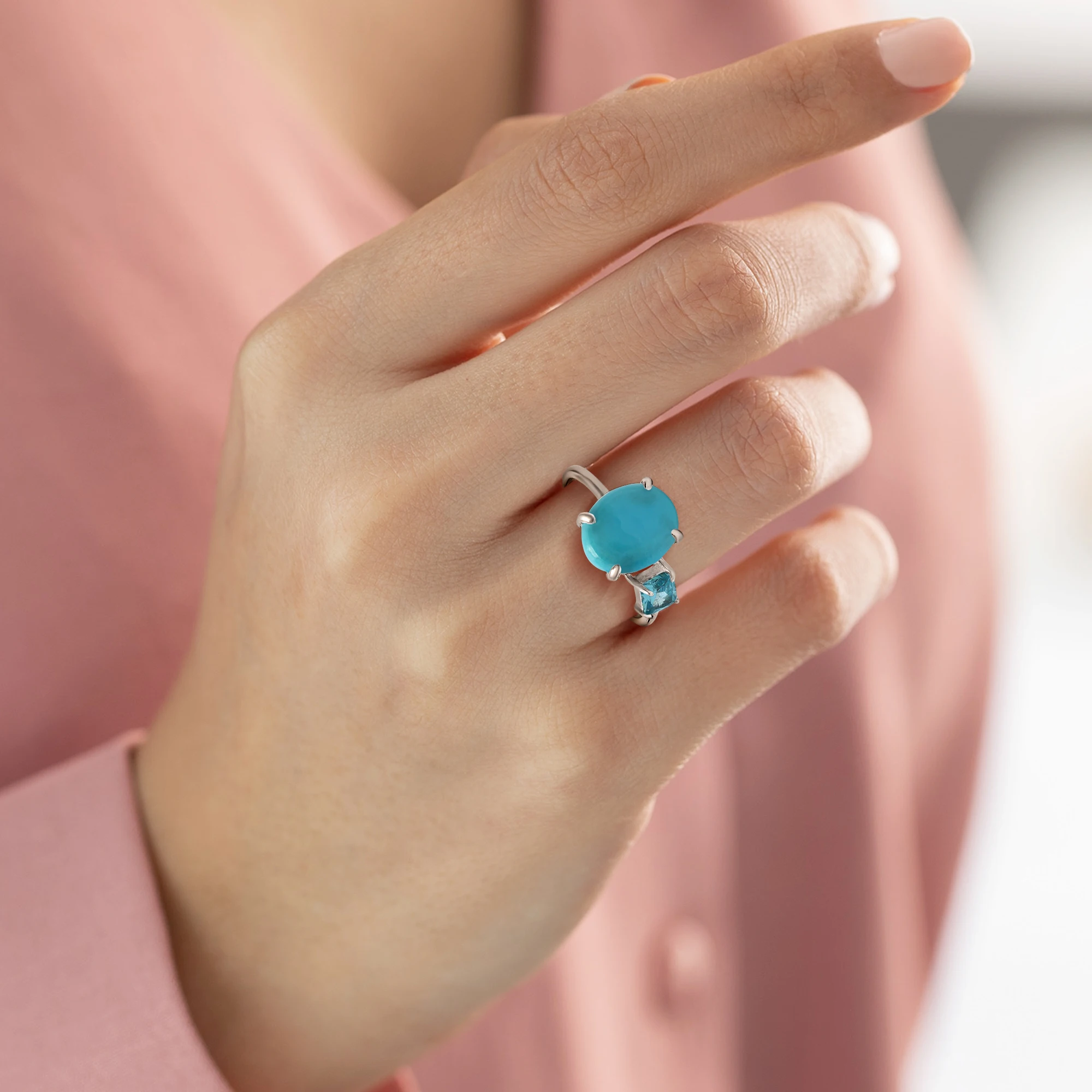 New Collection Unique 925 Sterling Silver Square Oval Turquoise Blue Topaz Cabochon Gemstone Ring Solid Fine Jewelry For Women