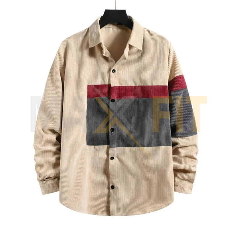 Corduroy Jacket Shirts for Men Loose Casual Color Block Patchwork Fashion Men Blouse Tops Long Sleeve Turndown Collar Lapel