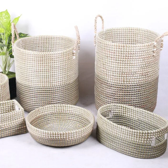 Round Basket with Lid and Handles  Storage & Laundry Hamper  Handwoven Natural Coiled Seagrass Basket