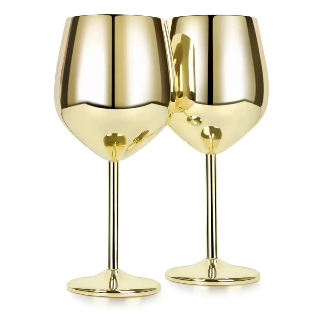 2 Pcs 18 oz Stainless Steel Wine Glass Spout Stemmed Unbreakable Wine Glasses Metal Wine Cups Metallic Goblet Glasses Gold