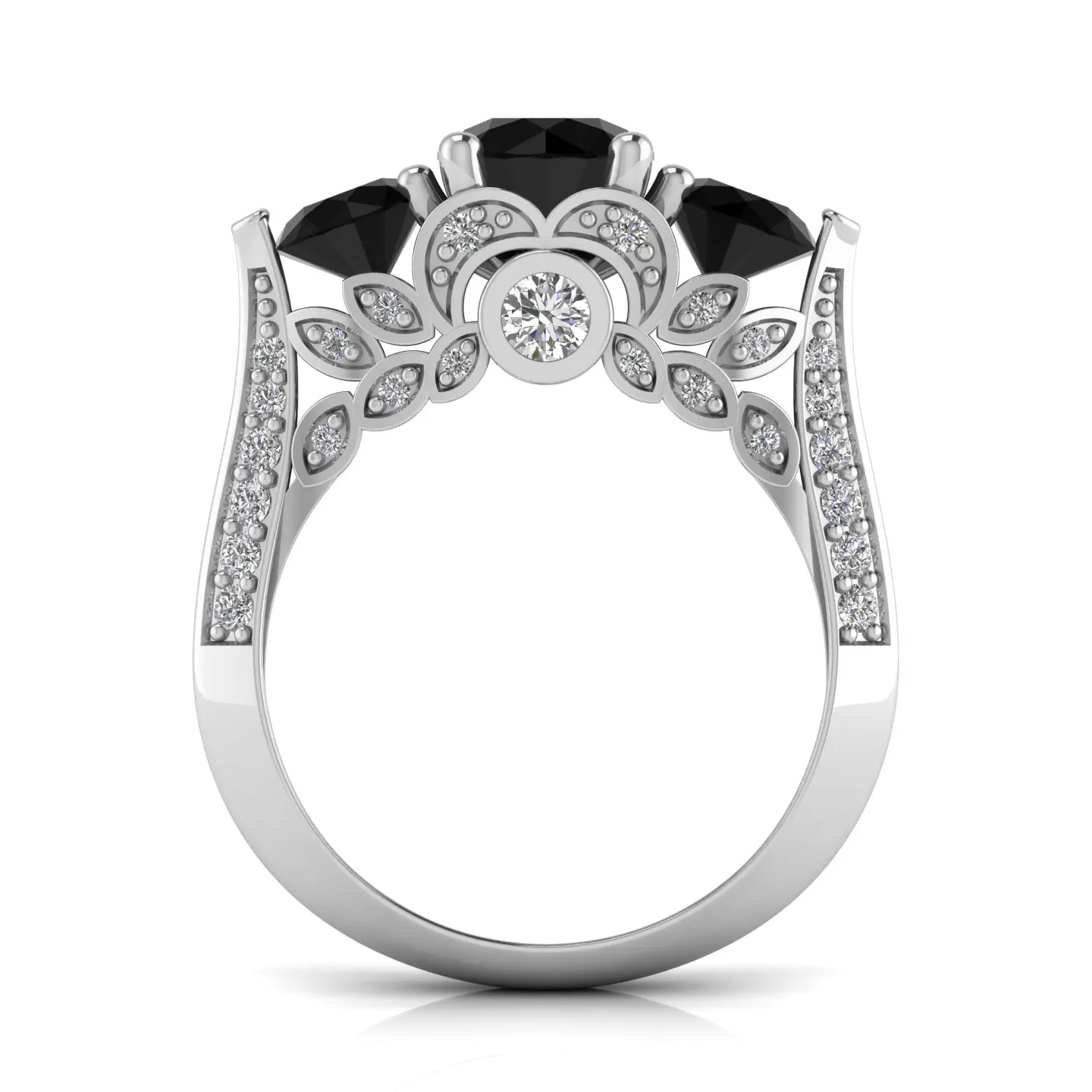 White Gold Ladies ring with Black and white Natural Diamond 14Kt white Gold Wedding Engagement ring Fine Jewelry
