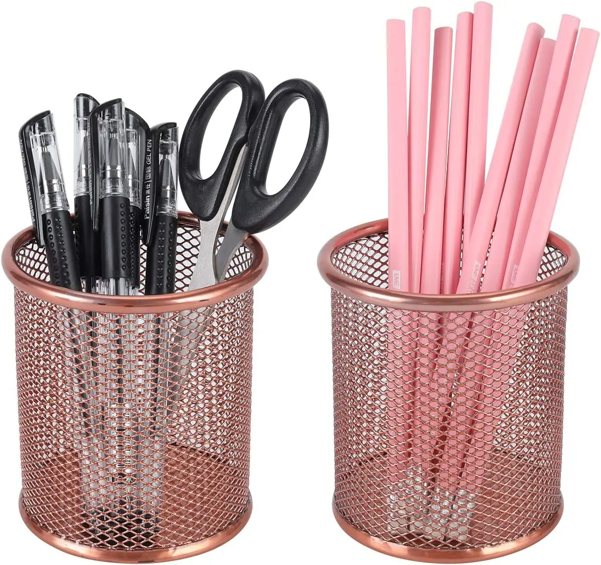 Elegant Set of 2 round Brass Pen Holders Rose Gold Metal Wire Pencil Organizer and Makeup Brush Holder for Desk