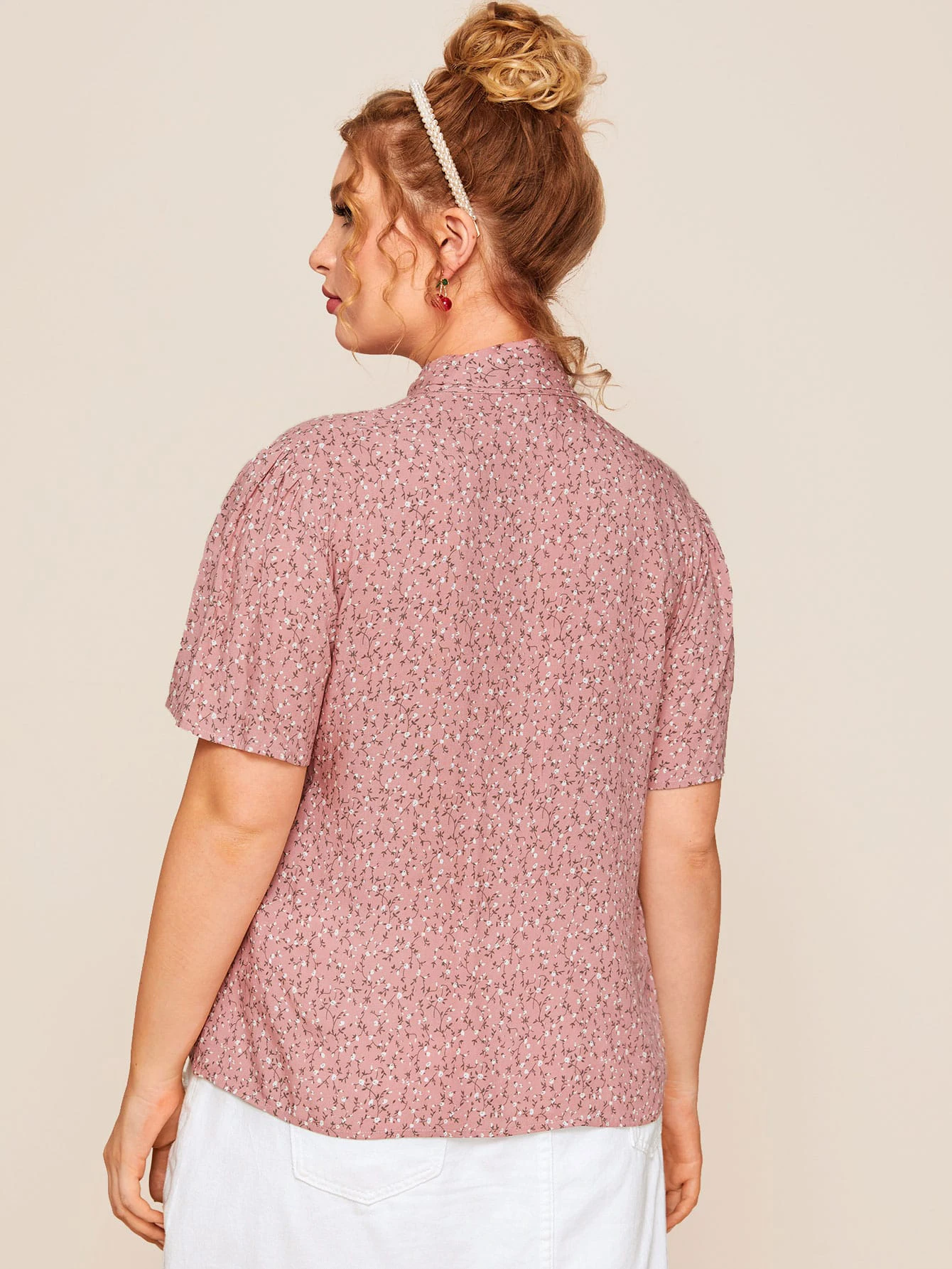 Fashion Womens Summer Elegant Pink Floral Blouse Women Tops Plus Size Blouses With Bows