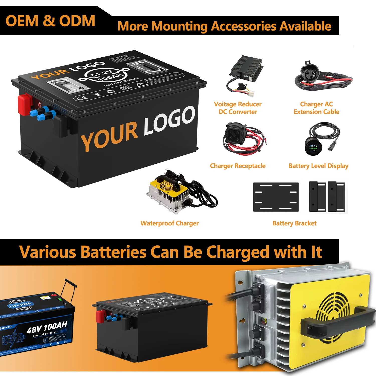 Wholesale Golf Cart Battery Trolley Car Rechargeable Pack 48V Lifepo4 36V 60V 72V 96V 100Ah 105Ah 200Ah 51.2V Lithium