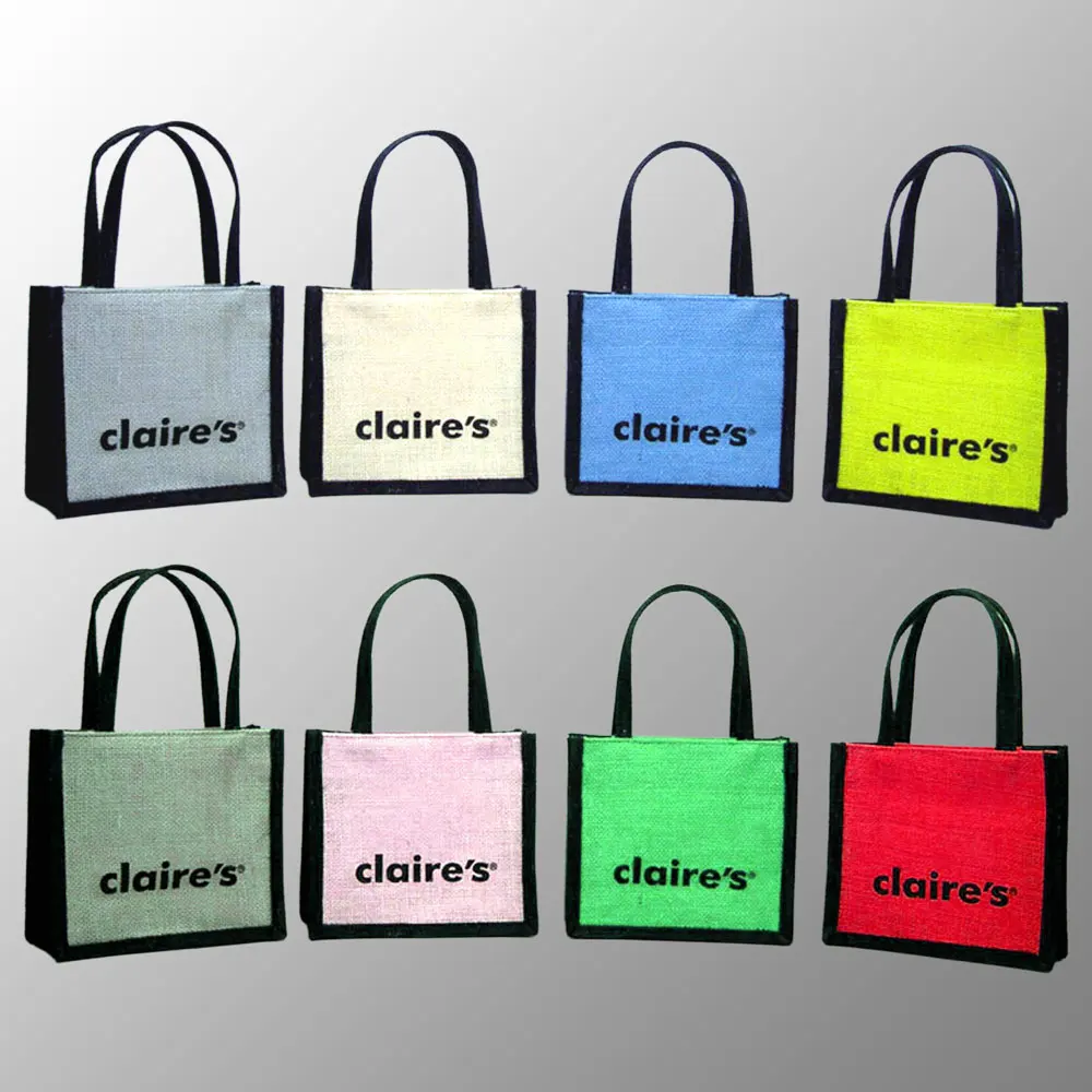 Colored Small Jute Cosmetic Bag With Short Self Handles Customized with your 1 color logo print for free