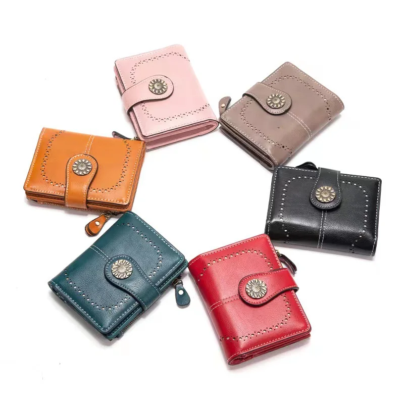 Amazon Hot Short Multifunctional Hollow Print Oil Wax Coin Purse Zipper Slim RFID Credit Card Holder With Lock Wallet For Women