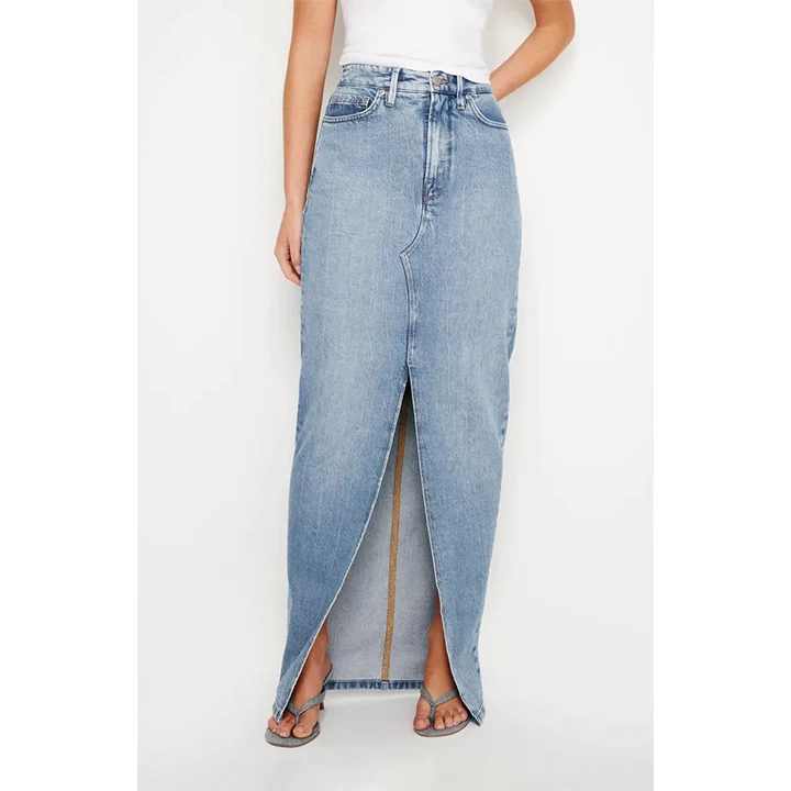 Hot Sale Custom Design Women Button Up Long Length Summer Washed 100% Cotton Fabric Jean Denim Skirt